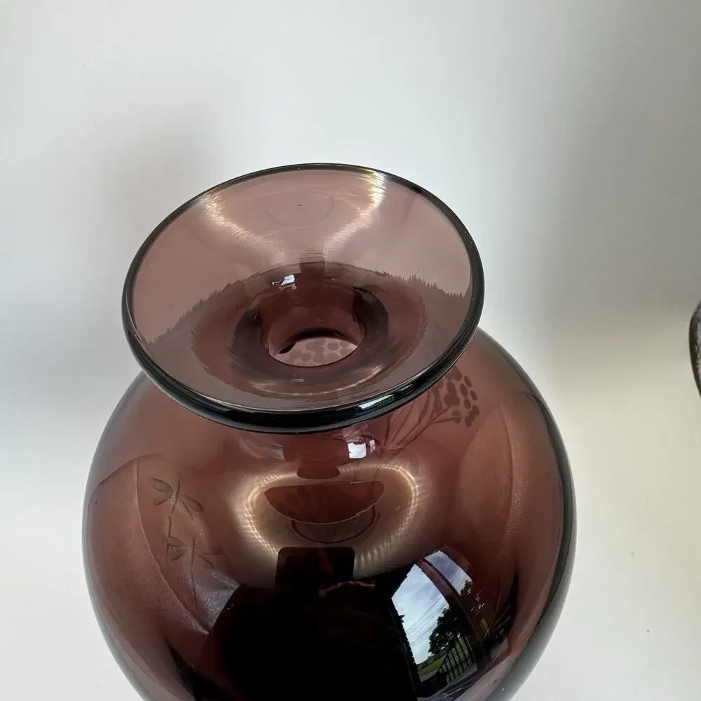 Hand Blown Ruby‎ Red Vase Etched Trees & Dragonfly 8”